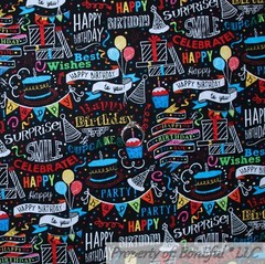 BonEful FABRIC FQ Cotton Quilt Black White B&W Chalkboard Happy Birthday Balloon