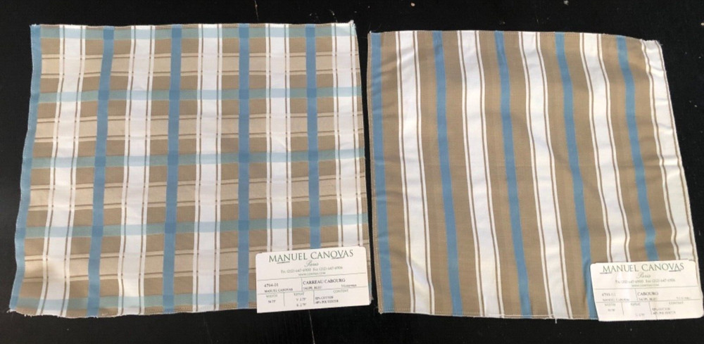 MANUEL CANOVAS Cabourg & Carreau Cabourg in Taupe, Bleu Striped Fabric Samples