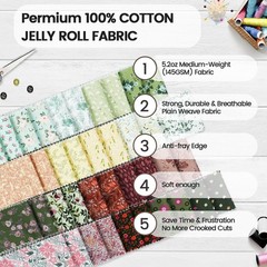 40 PCS 100% Cotton Jelly Roll Fabric Precut Strips 2.5×44 Inch Cottage Bloom