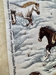 Horses In The Snow, Snowy Canyon. Grey. Brown. Tan.White Cotton Fabric Per Yard