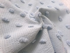 powder blue vtg chenille bedspread fabric, tufted dots on cotton seersucker