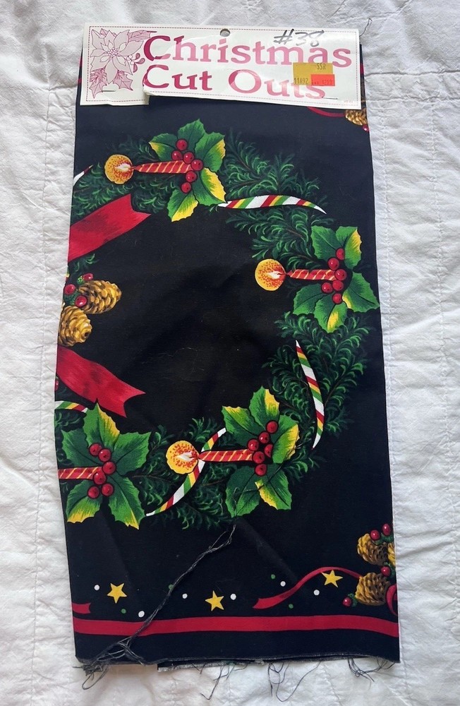 Vintage Cut and Sew Fabric Panel Black Red Green Wreath Santa & Reindeer