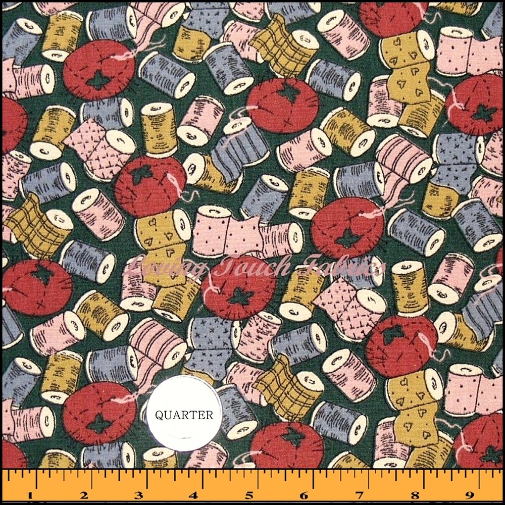 OOP Sewing Theme Pin Cushion Thread Fabric FQ 18″ x 22″