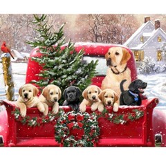 Christmas Labs Dogs In Red Truck Holiday Digital Cotton Fabric David 35″ Panel