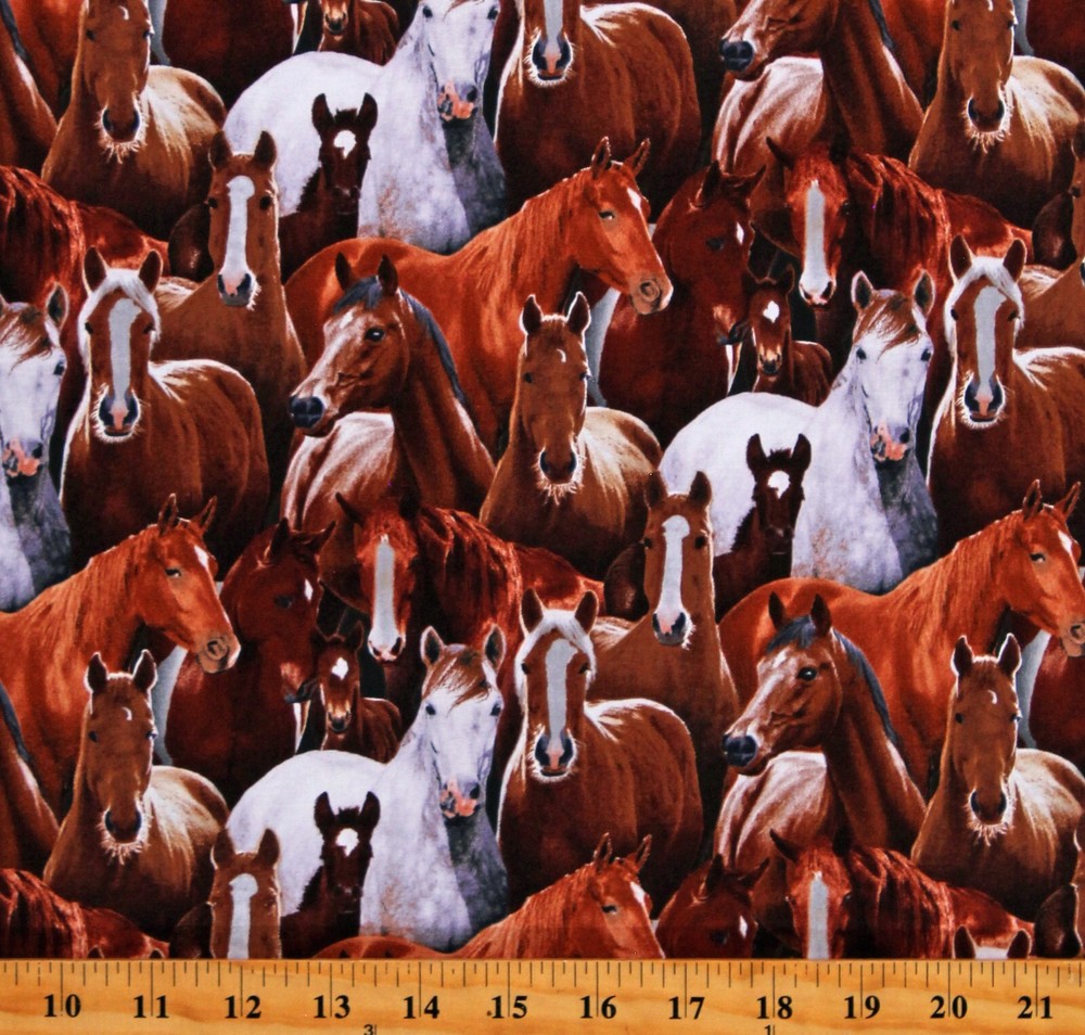 Cotton Horses Packed Farm Animals Equestrian Fabric Print by the Yard D370.75