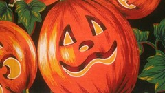 Fabric Kaufmann Halloween Pumpkins Hunter Green Leaves on Black $3.50