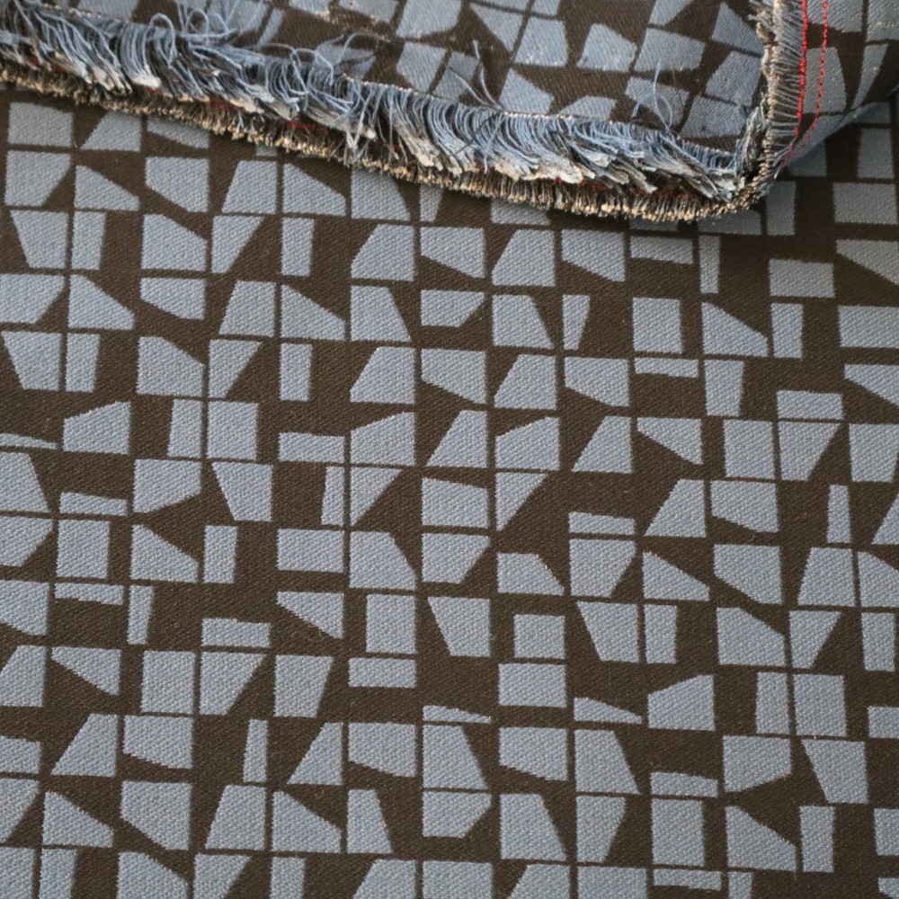 Vtg Designtex MCM Upholstery Fabric “Building Blocks” Blue, Black Geometric 2 yd