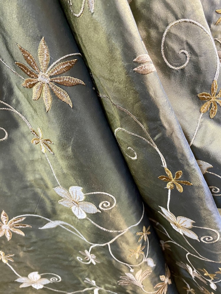 100% SILK TAFFETA EMBROIDERED SILK DRAPERY UPHOLSTERY FABRIC Green – Sold Per Yd