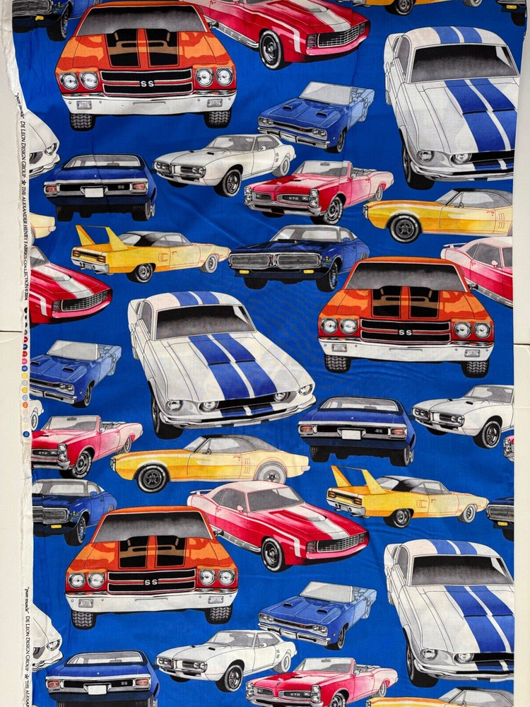 Alexander Henry PURE MUSCLE Cars Cotton Fabric Royal Blue 18″ X 43″ New 2004