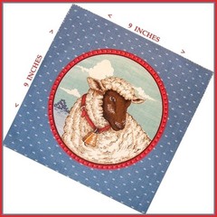 (FOUR) RARE CRANSTON FARM ANIMALS SHEEP FABRIC PANELS 9″ X 9″ EA. #A BLUE
