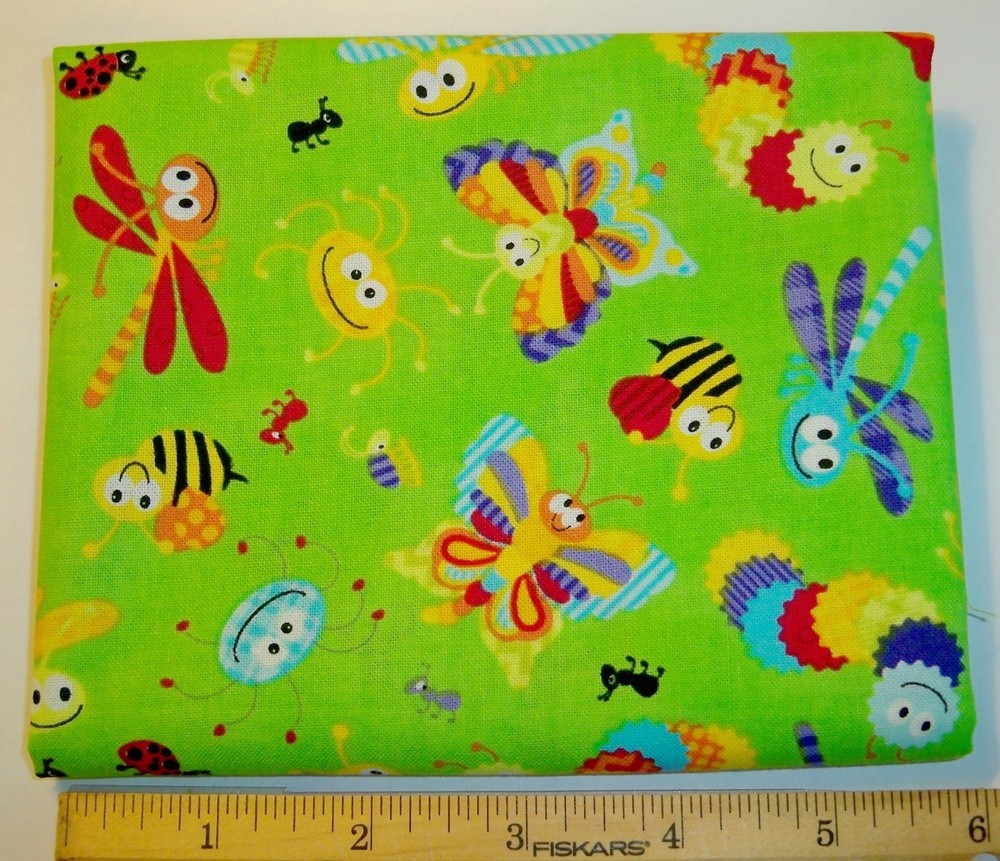 High Fashion Fabrics Happy Bugs on Green Fat Quarter