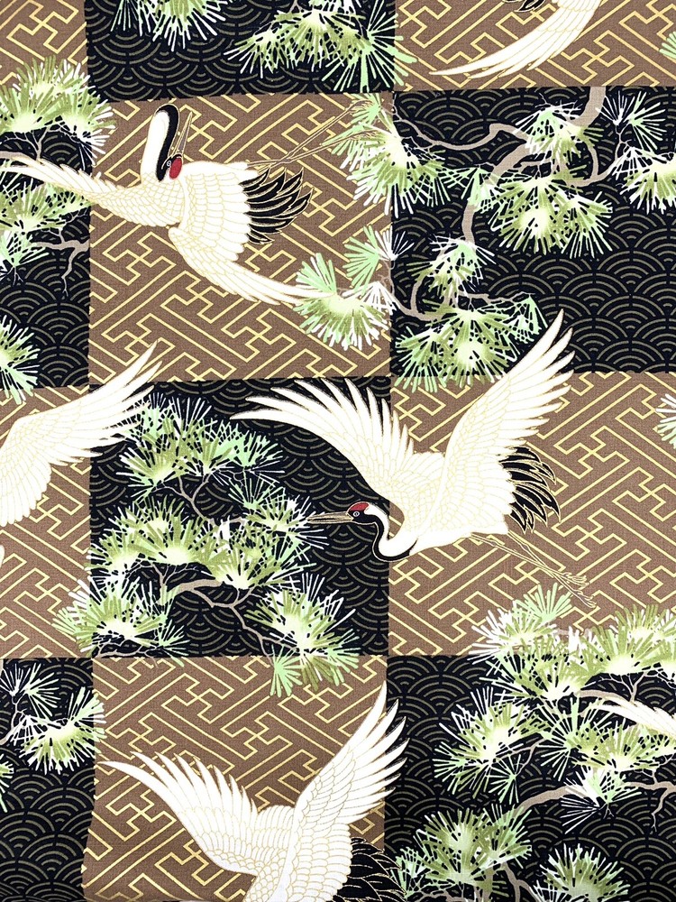 Japanese fabric cranes birds art deco black brown gold heron stork asian chinese