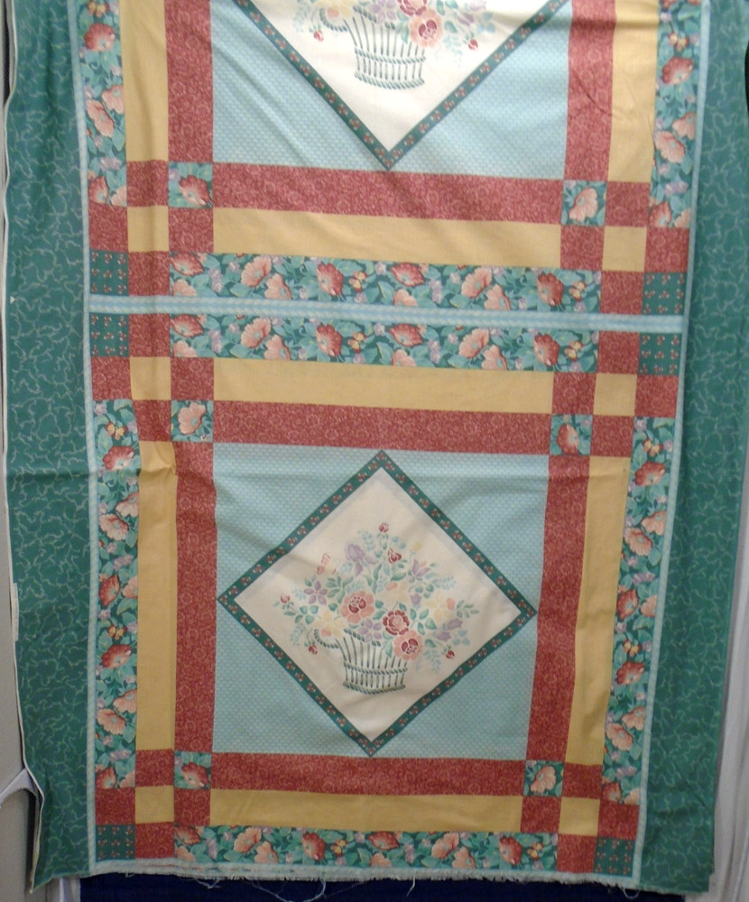 Vintage Springs Cheater Quilt Peach Green Floral Basket 6 Repeats #6151 44x 204″