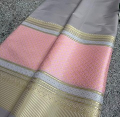 Thai Silk Cotton Blend Fabric Gray Pink Gold Brocade 100x180cm Handmade New