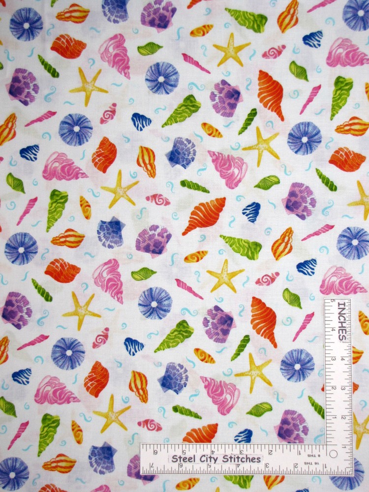 Sea Shell Star Fish Toss White Cotton Fabric QT 24335-Z Jewels of the Sea – Yard