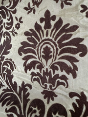 Vintage 1.5 YARDS+ Elegant Beige & Brown FLOCKED Fleur de Lis FABRIC 25″ x 59″