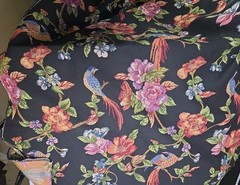 Bird Floral Tapestry Fabric Black Woven Tropical Birds Blue Rust 55″W x 3.6 Y