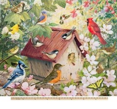 David Textiles – Birdhouse 2 Digital Quilting Fabric Panel With Cardinal & Robin