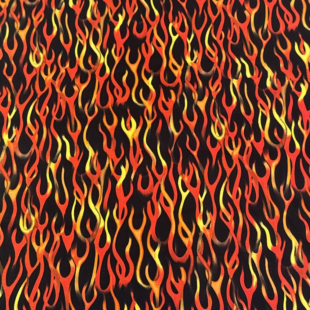 BLAZING FLAMES on Black Print Cotton Calico Crafting Fabric 4 1/2 Yard X 44”
