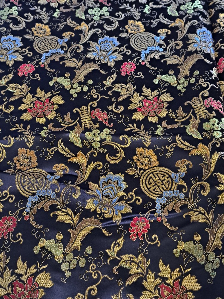 Luxurious Black Metallic Gold Chinese Brocade Asian Satin Floral 46″ by 3.75 Yds