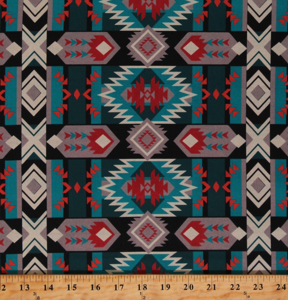 Cotton Southwestern Tribal Turquoise Desert Grid Fabric Print by Yard D366.51
