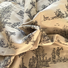 VTG French Country Toile Fabric Black Beige Pastoral Colonial Farmstead 2.5 yd