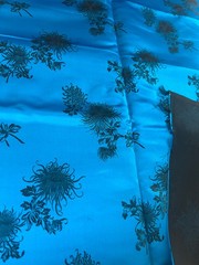 Vtg.silk fabric/material Peacock blue with Black Foral design, made in Hong Kong
