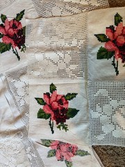Fabric Remnant Lot Needle Point Rose & Lace Design
