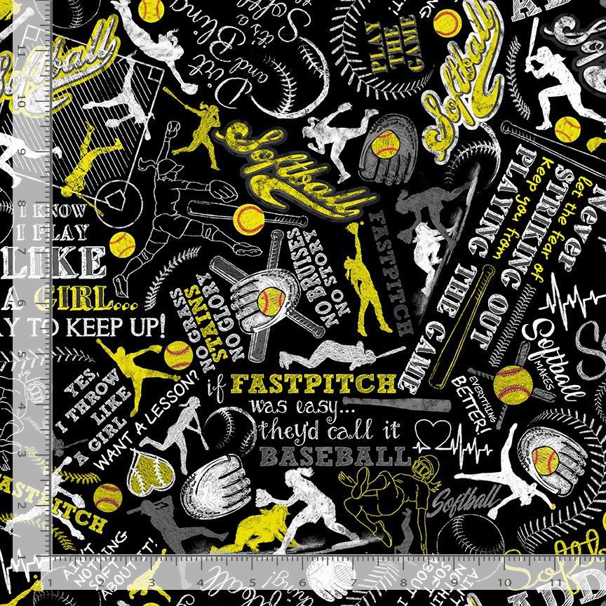 Sports Fabric | Girl’s Softball Word Toss Black Yellow | Timeless Treasures YARD