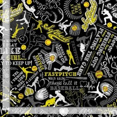 Sports Fabric | Girl’s Softball Word Toss Black Yellow | Timeless Treasures YARD