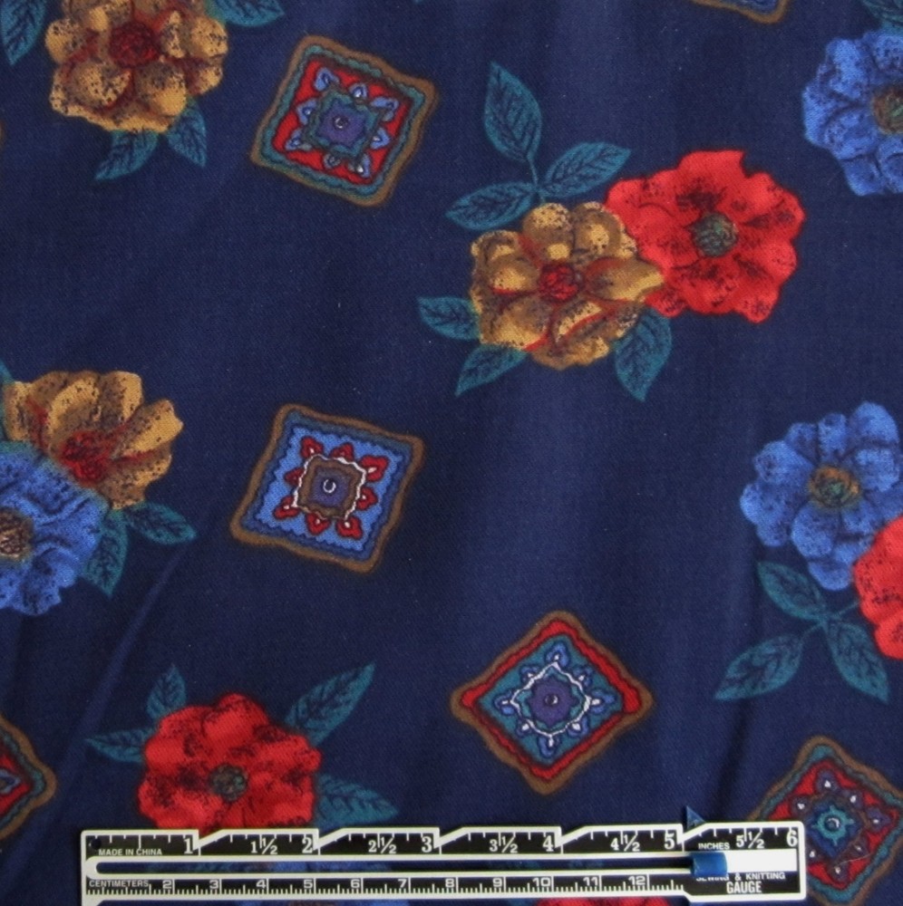 Floral Tile on Navy RAYON TWILL Sewing Fabric 1.805 yd (65″) x 58″ wide
