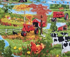 Farmall Tractor Farm Fabric By The Yard Dairy Cow Red Barn Chicken 100% Cotton