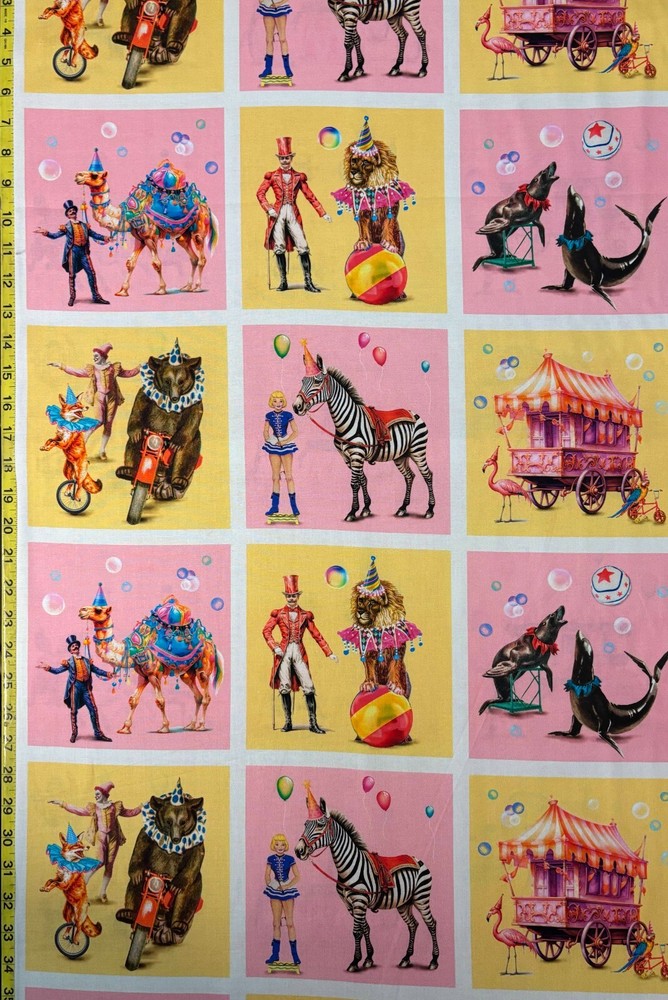 Circus Michael Miller Fabric elephant horse clown tent penguin pink yellow