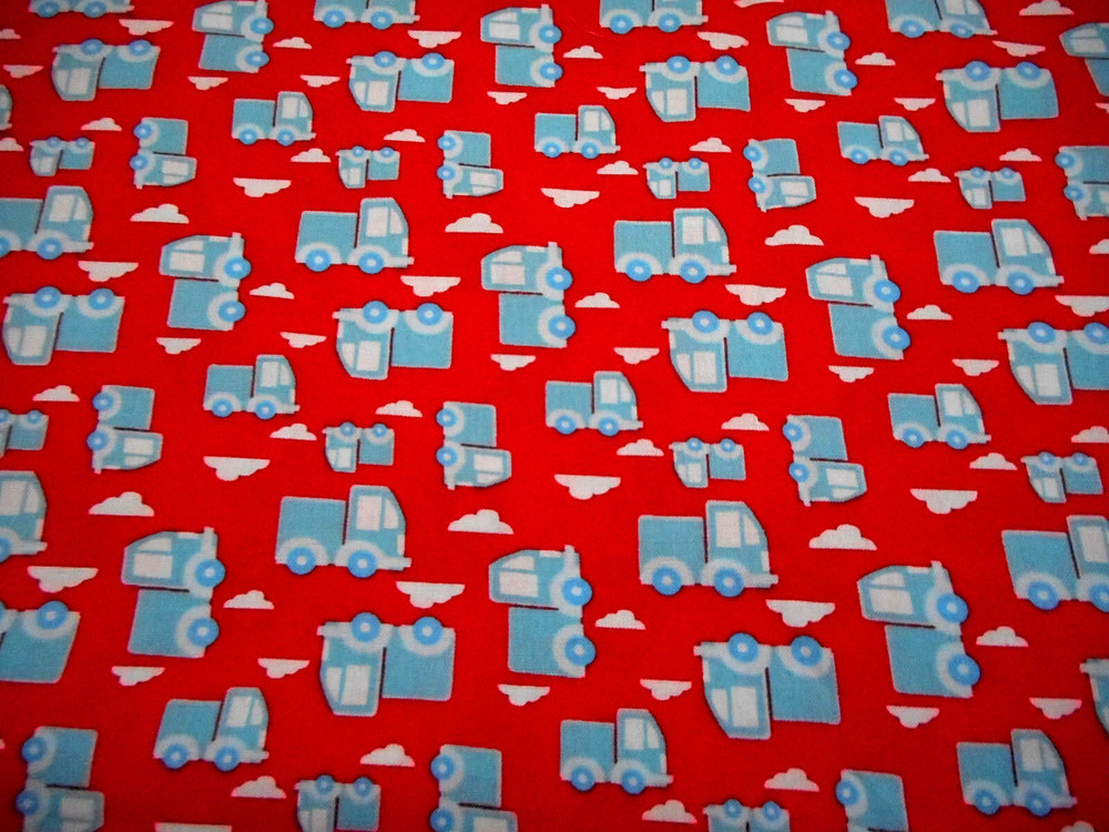 Childrens Fabric By The Yard Sm Blue Trucks Clouds Red Boys Quilting Cotton #C