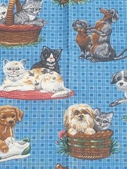 1 5/8 yds VTG Dogs Cats Kittens Puppies Blue Novelty Fabric Cotton Blend