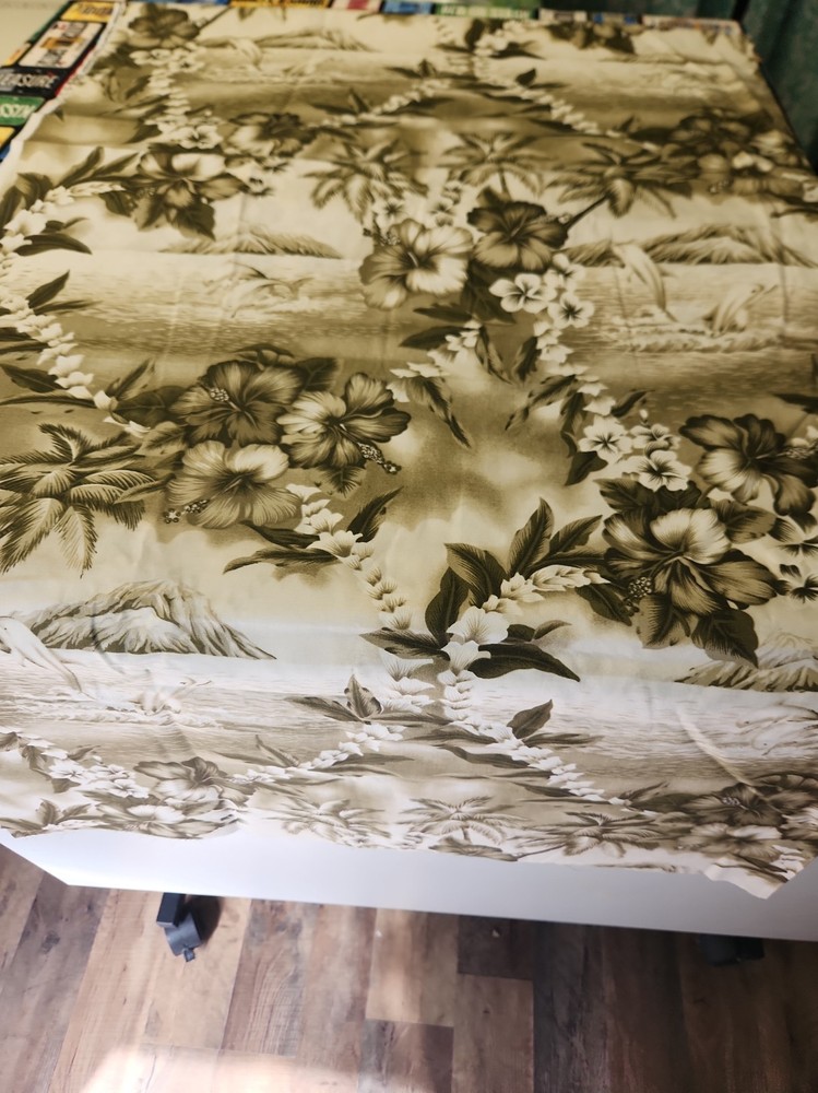 2 Yards Tropical Olive Green White Dolphins Hibiscus Island 100% Cotton