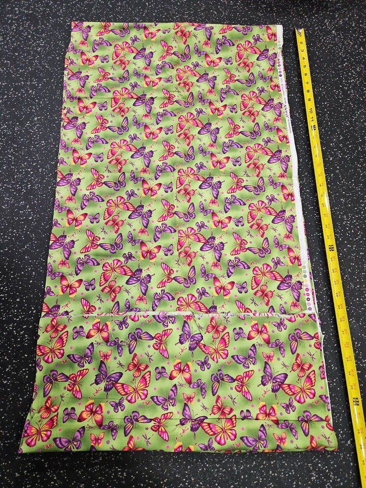 Lot of 3+ Yards Butterflies On Green Cotton Fabric