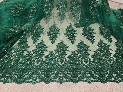 Green Heavy Beaded Sequin Rhinestones Embroidery Lace Fabric 50” Width 1 Yard
