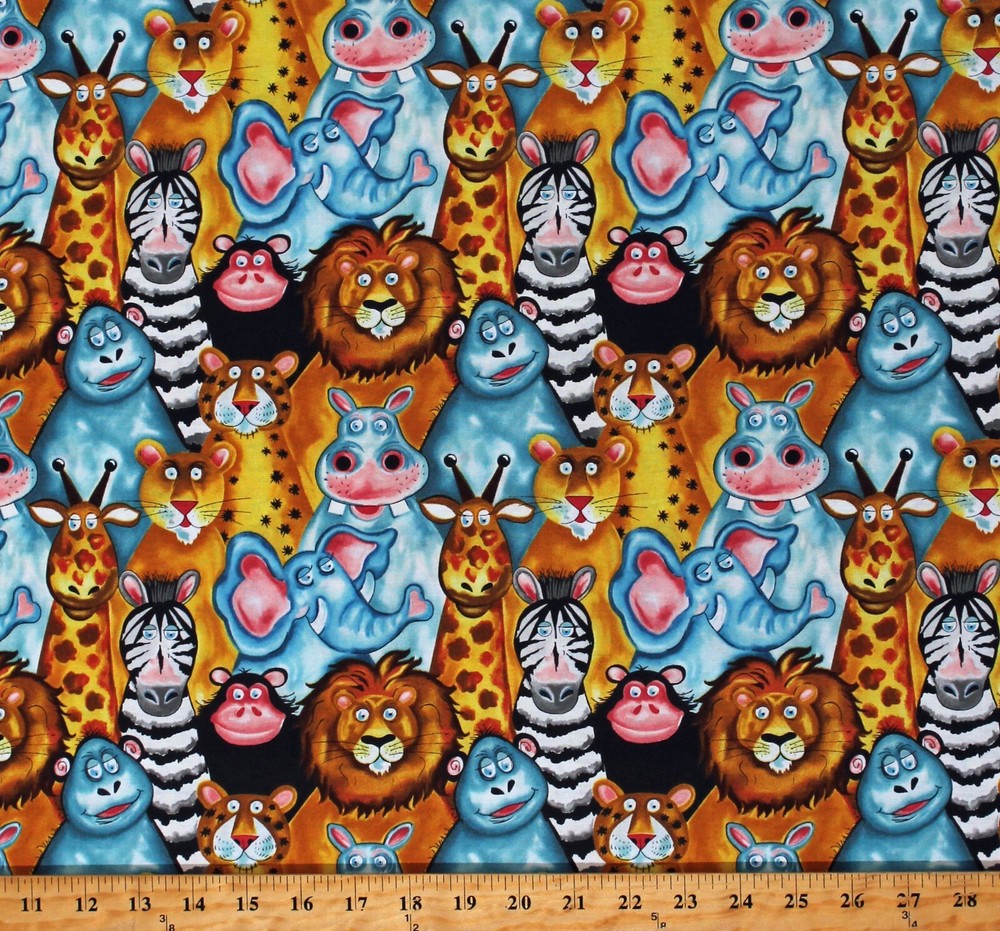 Cotton Jungle Safari Animals Giraffes Zebras Lions Fabric Print by Yard D468.45