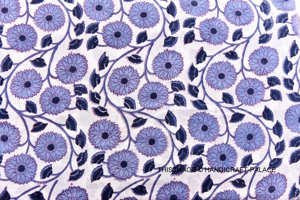 Indian Hand Block Printed Handmade Cotton Fabric Sanganeri 3 Yard Voile Running