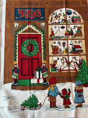 Vtg Cranston JUMBO Christmas Stocking Cut & Sew Fabric Panel TOY STORE Toyland
