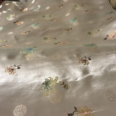 Asian brocade fabric Silver with yellow, pink, Blue,flowers. Wide 28” BTY