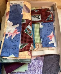 Box of Vintage Fabric Pieces, Quilt Pieces and Remnants 16 x 9 x 2″ 2 1/2 lbs