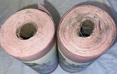 2 rolls ~150 total yds mauve cotton(?) 11″W floral border print fabric, +8 pcs