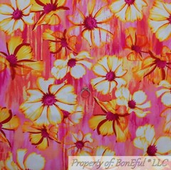 BonEful FABRIC FQ Cotton Quilt Bright Hot Pink Orange Yellow White FLOWER Stripe