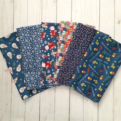 Set of Christmas Holiday Cotton Fat Quarters Blue Santa Snowflake Candy Cane 6ct