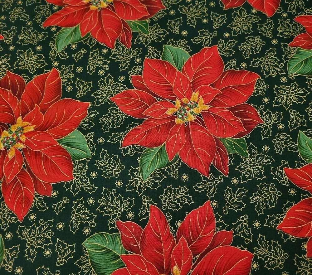 26″ Poinsettia Print Quilting Treasures Red Gold Poinsettia on Hunter Green