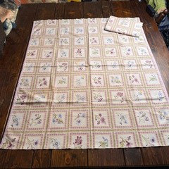 Floral Grid Pattern VTG Fabric Pieces Set of 2 Cream Pink Purple Cottage Core