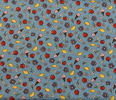 “Village People” Floral Fabric By Fabri-Quilt Apples Lemons Ice Cream Blue BTY