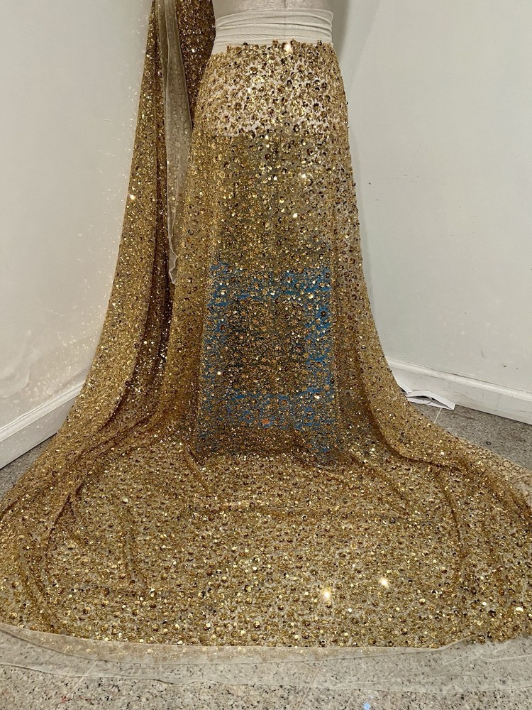 Yellow Gold Beaded Sequins Embroidery Bridal Lace Fabric 50” Width Sold By Yard